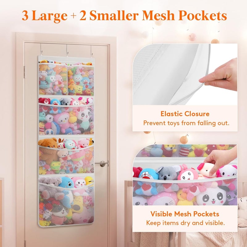 Lifewit Stuffed Animal Storage 1 Pack Over the Door Organizer with 5 Expandable Mesh Pockets Breathable Hanging Kid Plush Net Hammock Baby Toy Holder for Closet Nursery Bedroom BathroomWhite - Image 4