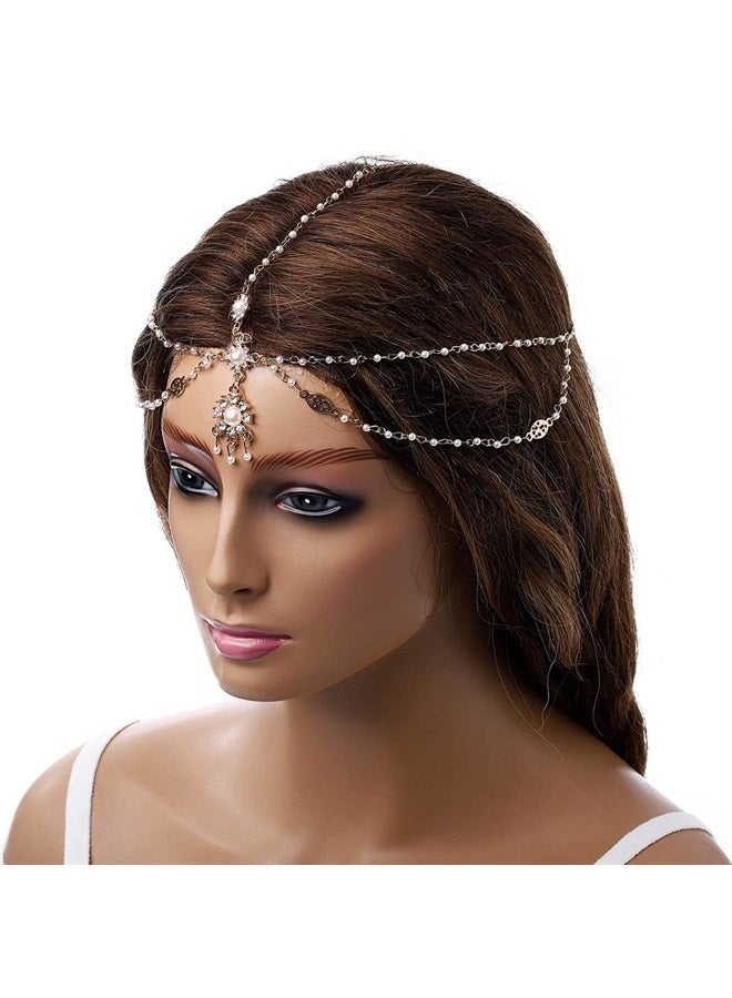 Dreamin Acenail Head Chains Women Pearl Head Chain Gold Wedding Hair Accessories Crystal Layered Pendant Hair Chain Jewelry Indian Festival Halloween Costume Headpiece Bridal Hair Pieces Head Jewelry for Wome  - Image 3