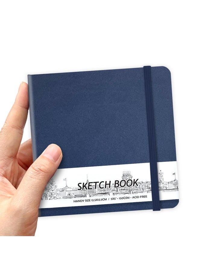 Qianshan 5" X 5" Square Handy Pocket Hardcover Pu Leather Sketchbook,58 Sheets 150 Gsm Beige Dowling Paper, Acid Free Art Sketch Book Artistic Drawing Painting Writing Paper For Beginners Artists.Dark Blue  - Image 1