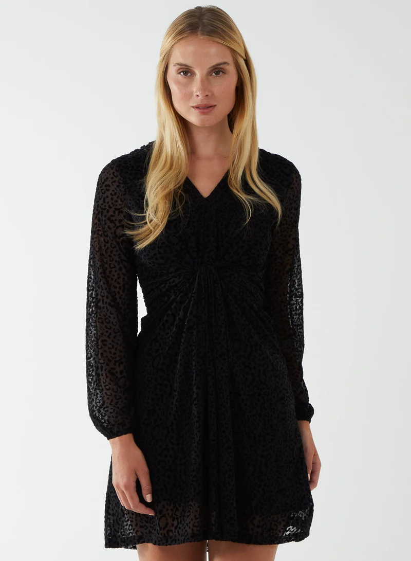 Blue Vanilla Leopard Print Flocked Knot Front Angel Sleeve Dress