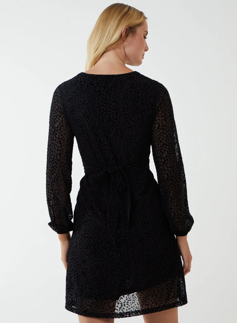 Blue Vanilla Leopard Print Flocked Knot Front Angel Sleeve Dress