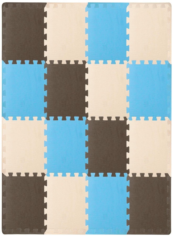 ProSource Foam Puzzle Floor Play Mat for Kids and Babies with Solid Colors, Interlocking Tiles with Borders, Blue/Brown/Beige - 16 Tiles - Image 1