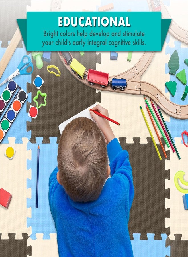 ProSource Foam Puzzle Floor Play Mat for Kids and Babies with Solid Colors, Interlocking Tiles with Borders, Blue/Brown/Beige - 16 Tiles - Image 3