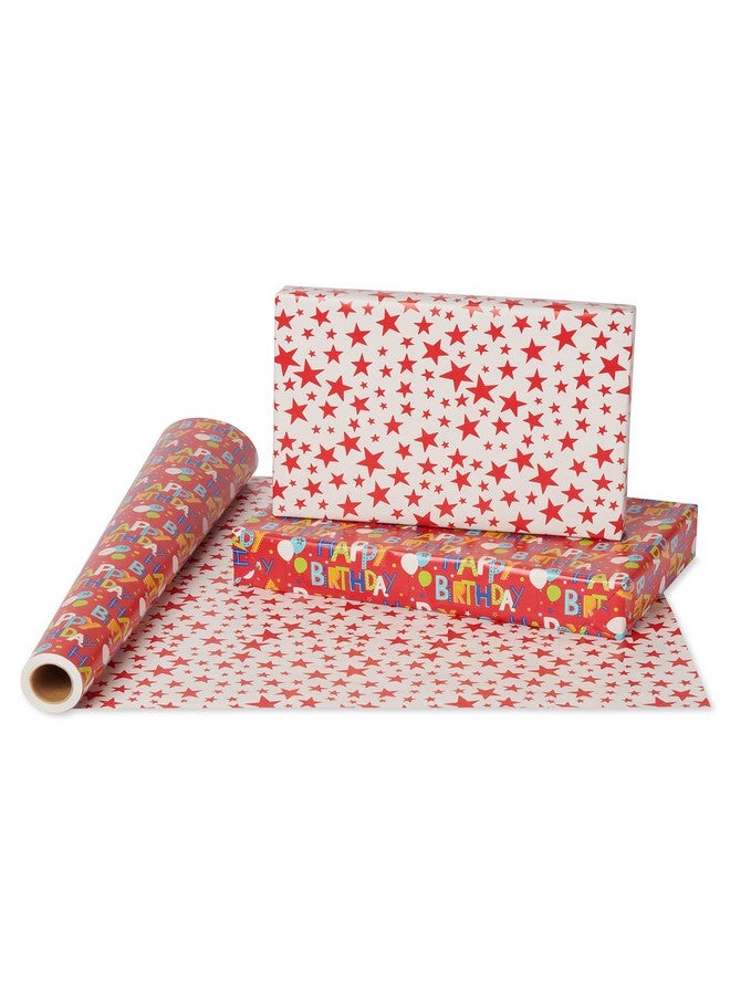 آميريكان جريتنغز ورق تغليف قابل للعكس من American Greetings، مع حروف Happy Birthday ونجوم (لفافة كبيرة واحدة، 175 قدمًا مربعًا) - Image 1