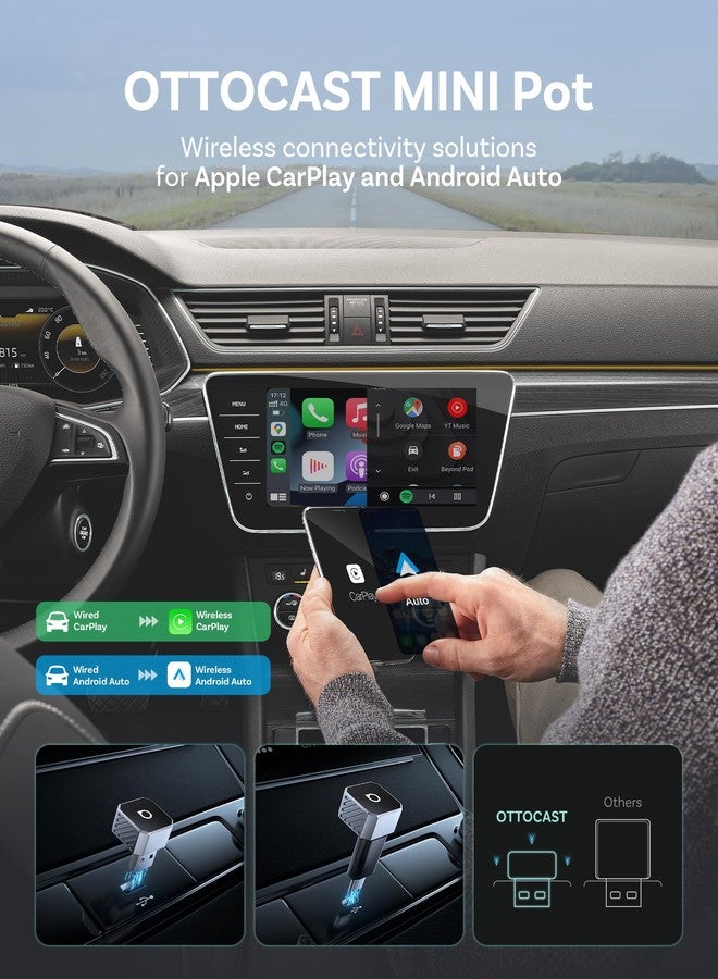OTTOCAST Mini Pot 2025 2-in-1 Wireless CarPlay & Android Auto 2-in-1 Adapter, Plug & Play, 5GHz WiFi, Auto Connect for iPhone & Android, Fits 98%+ OEM Wired CarPlay Cars - Image 2
