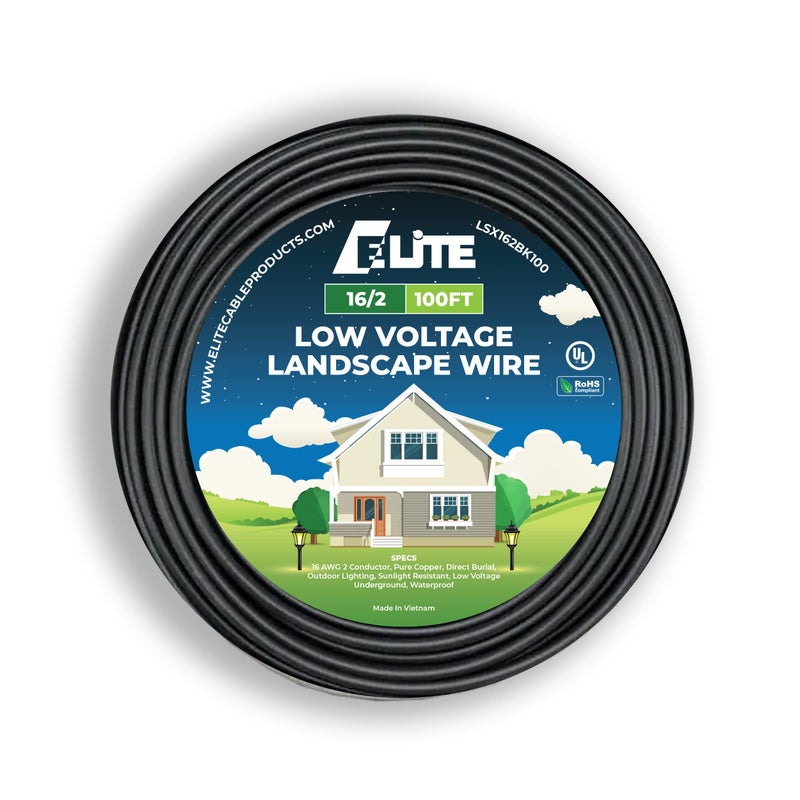 Elite 16/2 Landscape Lighting Wire, Low Voltage, Direct Burial, Outdoor, 100ft, UL Listed, Pure Copper, 16AWG 2 Conductor - Image 1