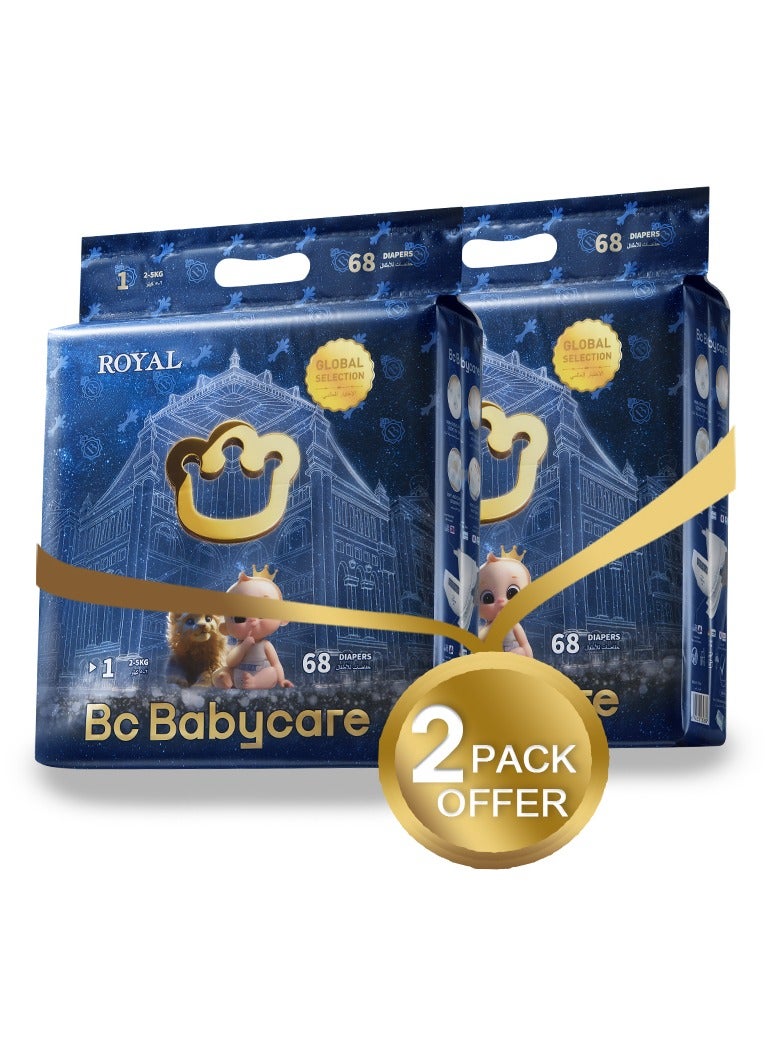 Babycare Babycare Royal Baby Diapers, Size 1, 2-5 kg, 136 Pieces, Pack of 2  - Image 1