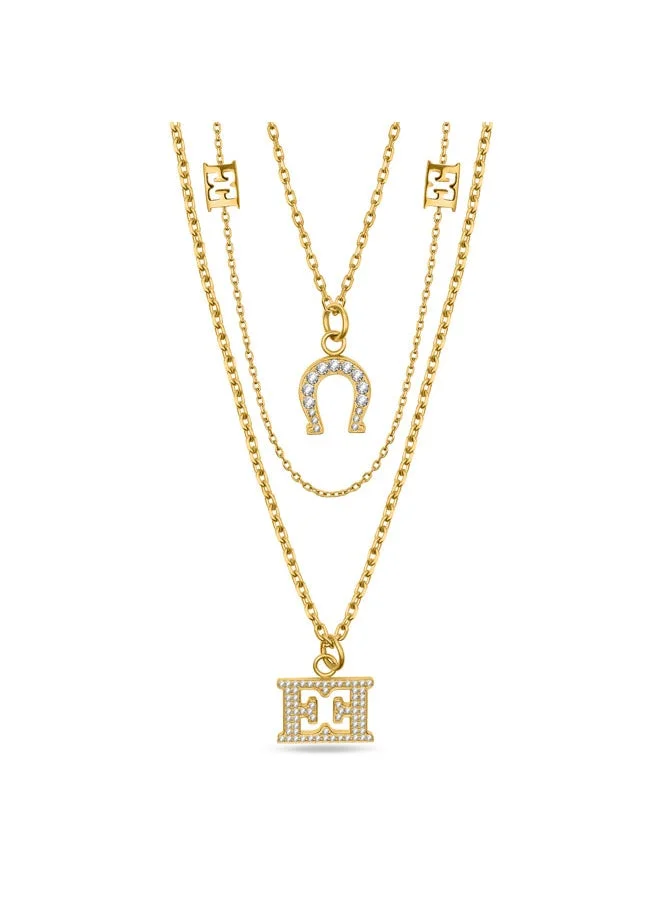 ESCADA Escada Catherine Necklace – Three-Layer Link & Beaded Chain with Horseshoe & Escada Logo Charms