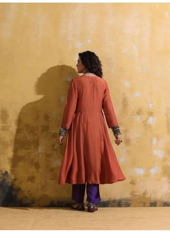 ترو برونز trueBrowns Rust Muslin Silk Fit and Flare Kurta Pant Set