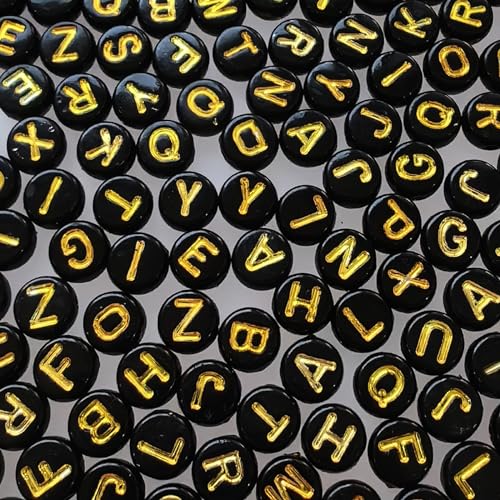 Amaney 1000 Pieces 74mm Black Round Acrylic with Gold Alphabet Letter Beads for Jewelry Making Bracelets Necklaces Key Chains
