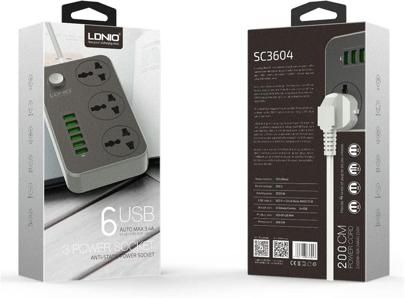 مضخة منزلية صغيرة محمولة من مع مقبس طاقة USB متعدد LDNIO 6، ومقبس تمديد متعدد، ومفتاح رئيسي، ومحول سفر 10A 2500W 2M (6 أقدام) شاحن سريع 3.4A (اللون: لون واحد) - Image 2