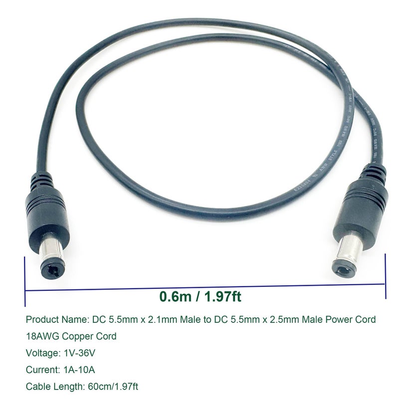 UpperFu 2pcs DC Power Plug 5.5mm x 2.5mm Male Plug to 5.5 x 2.1mm Male Adapter Connector Cable Cord 60cm 18AWG for LED Strip, Surveillance Camera,CCTV Security Camera,LED Display,IP Camera,DVR,Router - Image 2