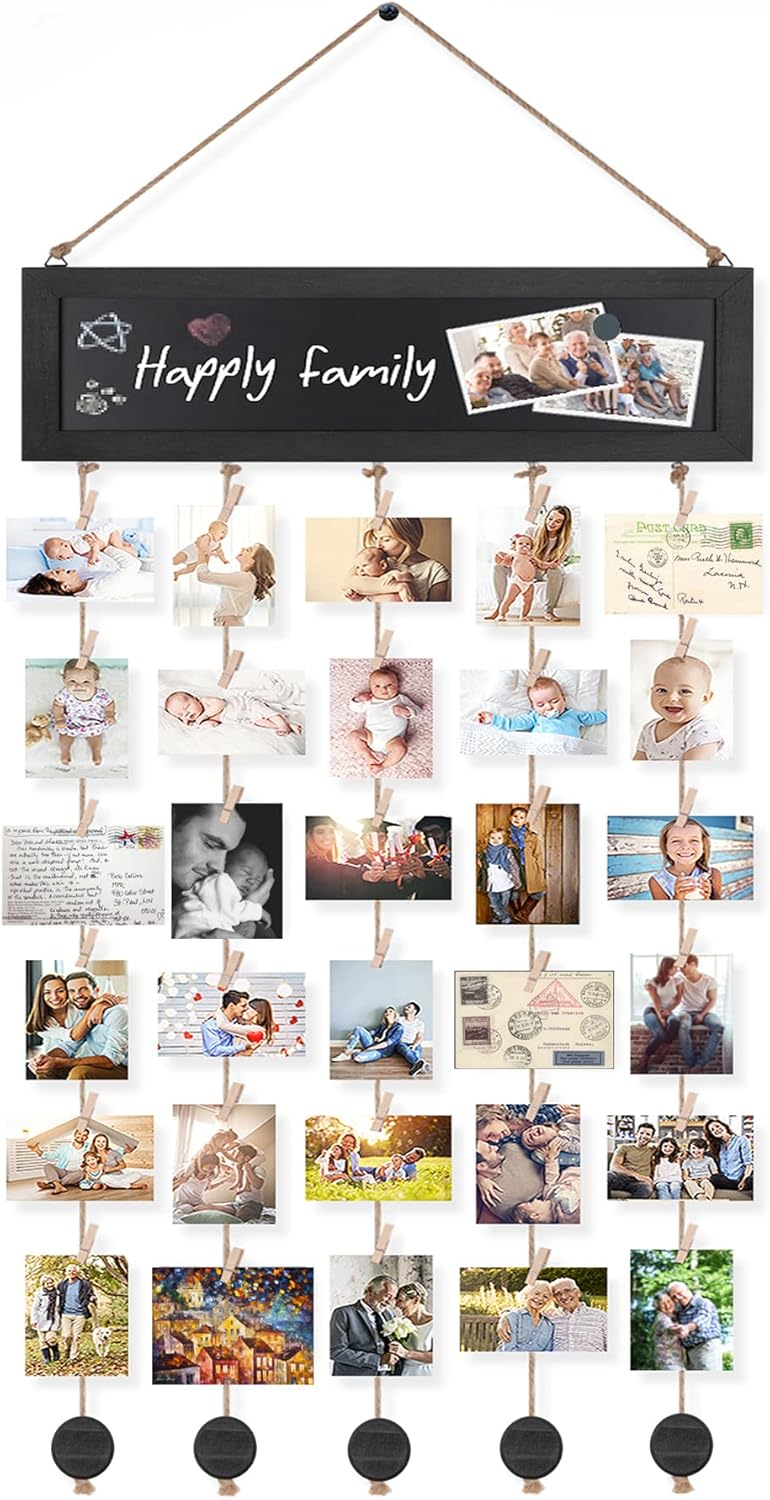 Bikoney Picture Frames Collage Photo Hanging Display Picture Board Wood Rustic Frames for Wall Decor with Blackboard and 30 Clips Vintage Black - Image 1