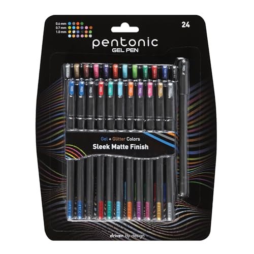 Pentonic Gel Pens, 24 Count, Mixed Pack (12 Assorted Color Pens, 12 Glitter Pens), Medium & Fine Point, Smooth Writing For Journaling (1002355) - Image 1