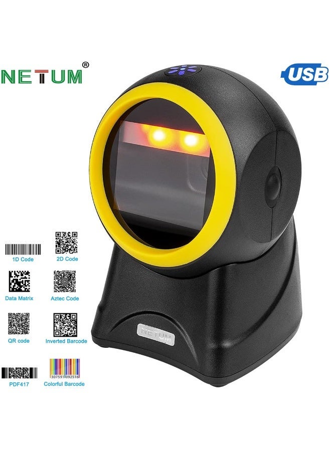 NETUM 1D 2D Desktop Barcode Scanner Omnidirectional Hands-Free QR Barcode Reader Capture Barcodes from Screen, Automatic Image Sensing for Supermarket Library Retail Store