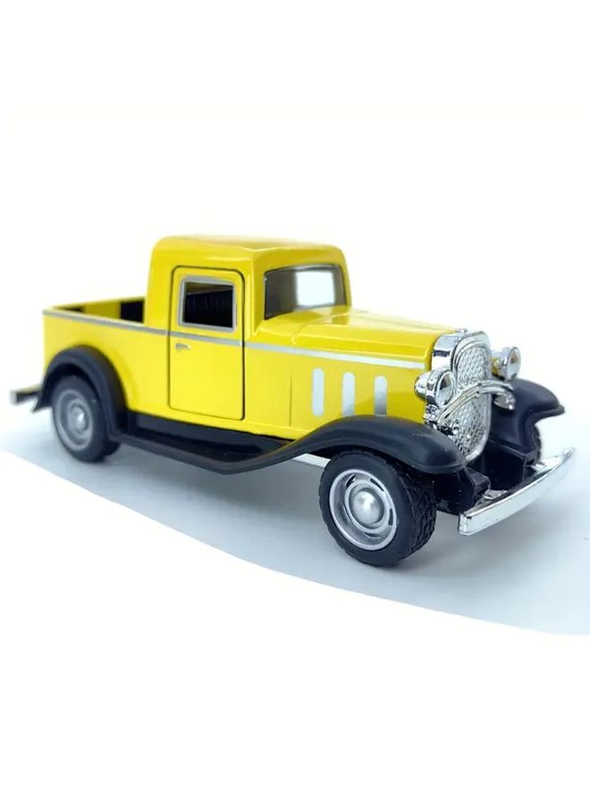 Yellow Die Cast Metal Retro Pickup Truck Pull Back Toy Car 4 7 Inch Collectible - Image 5