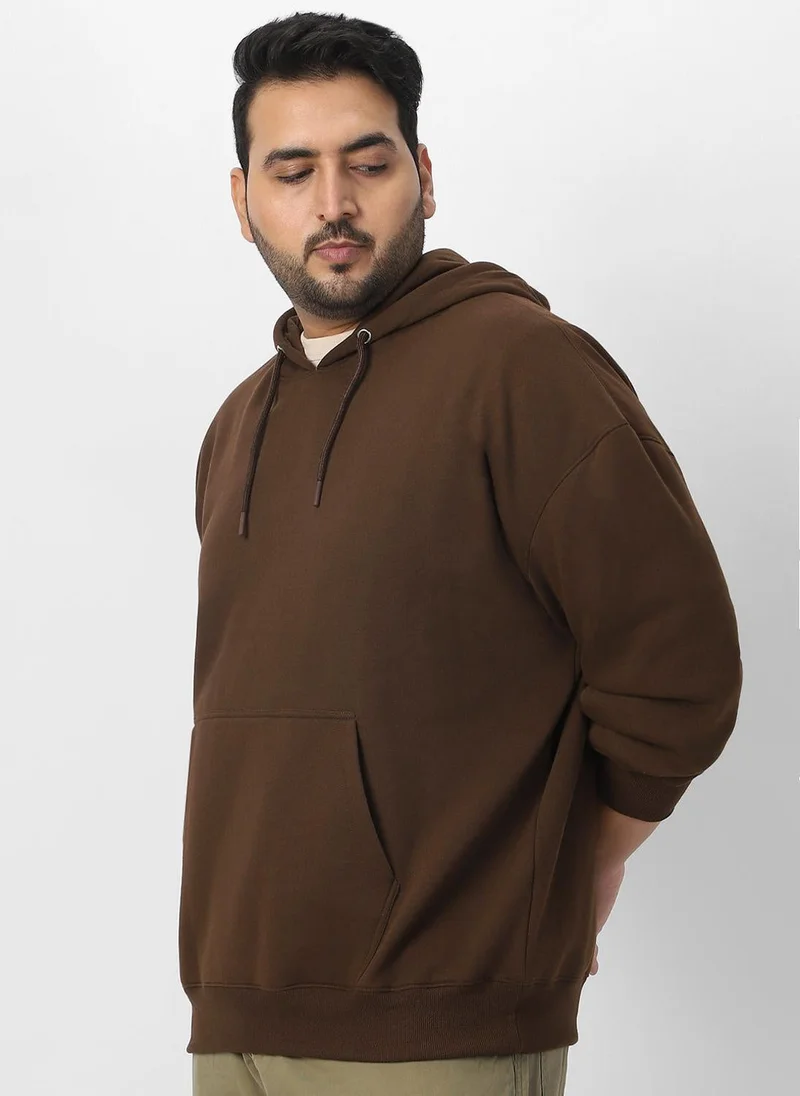 Urbano Plus Men's Chocolate Brown Cotton Solid Oversized Hooded Neck Sweatshirt