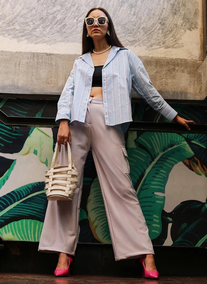 Pinacolada  Women's Baby Blue Contrast Striped Boxy Shirt for Women | Best Price UAE