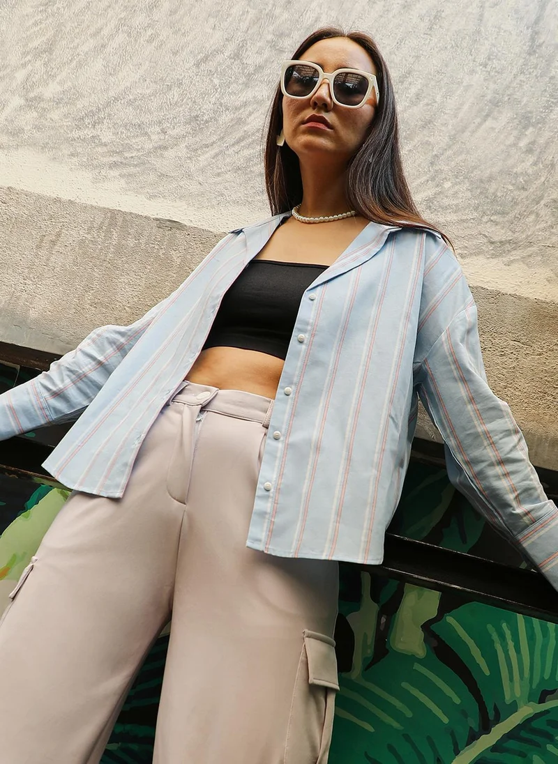 Women's Baby Blue Contrast Striped Boxy Shirt