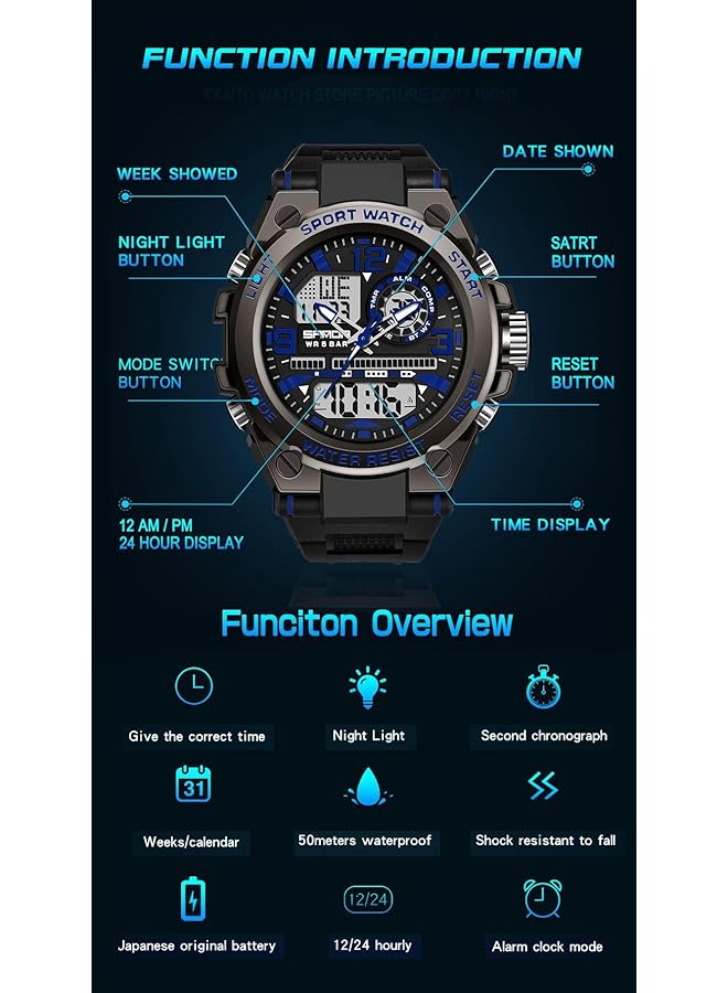 KASTWAVE Mens Military Watch 30M Waterproof Sport Outdoor Tactical Watches With Alarm Stopwatch Analog Digital Dual Display Backlight Multifunctional Watch Men Digital Sports Watch Black - Image 4
