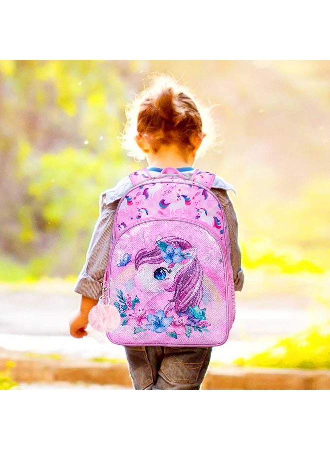 KLFVB 3PCS Unicorn Mermaid School Bag Backpack for Girls, 16" Sequin Kids Bookbag and Lunch Box, Preschool Backpacks for Elementary Students, Unicorn Pink, One Size, Laptop - Image 4