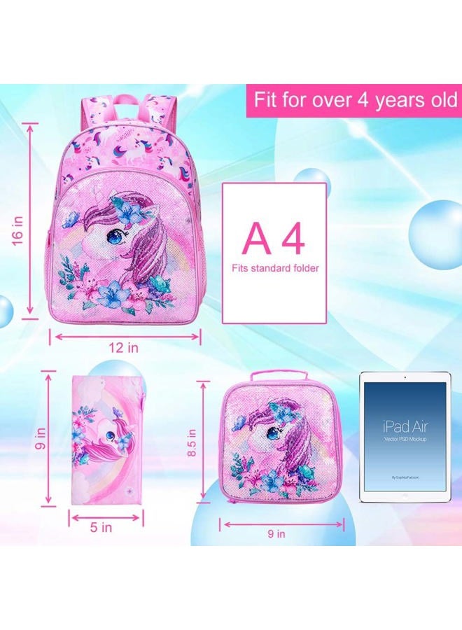 KLFVB 3PCS Unicorn Mermaid School Bag Backpack for Girls, 16" Sequin Kids Bookbag and Lunch Box, Preschool Backpacks for Elementary Students, Unicorn Pink, One Size, Laptop - Image 3