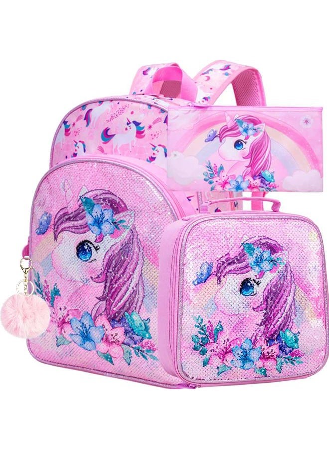 KLFVB 3PCS Unicorn Mermaid School Bag Backpack for Girls, 16" Sequin Kids Bookbag and Lunch Box, Preschool Backpacks for Elementary Students, Unicorn Pink, One Size, Laptop - Image 1