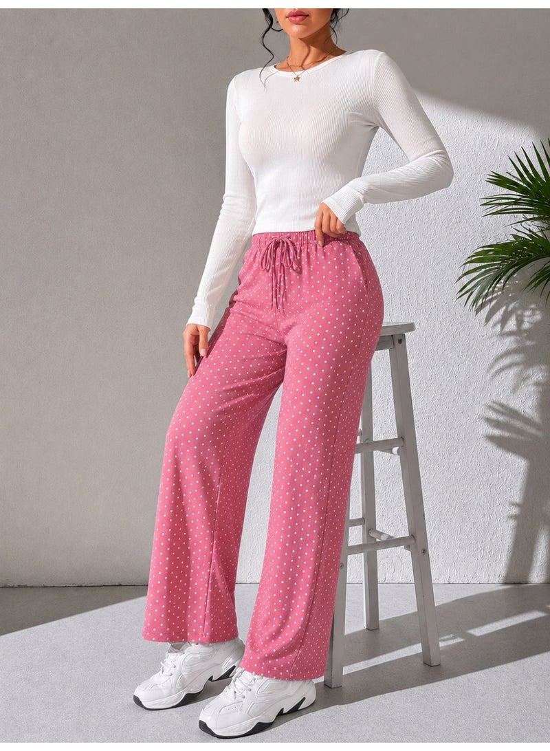 Soft Steps Women’s Wide Leg Polka Dot Pants – Casual Streetwear Lounge Trousers with Elastic Waist and Loose Fit - Image 1