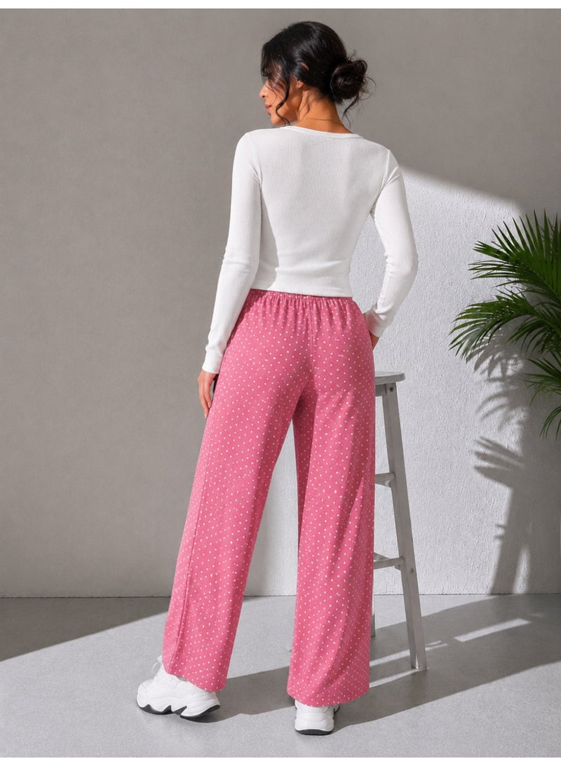 Soft Steps Women’s Wide Leg Polka Dot Pants – Casual Streetwear Lounge Trousers with Elastic Waist and Loose Fit - Image 2
