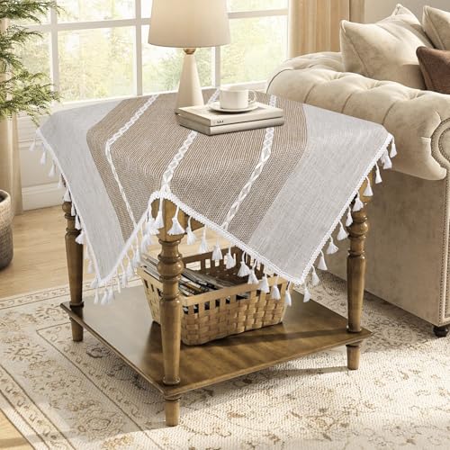 tiosggd Boho Small Tablecltoh Square 24 x 24 inch Spring Summer Cotton Linen Bedside Table Cloth with Tassel Brown Nightstand Cover Top Farmhouse Dresser End Side Table Cover Rustic Home Decor - Image 1