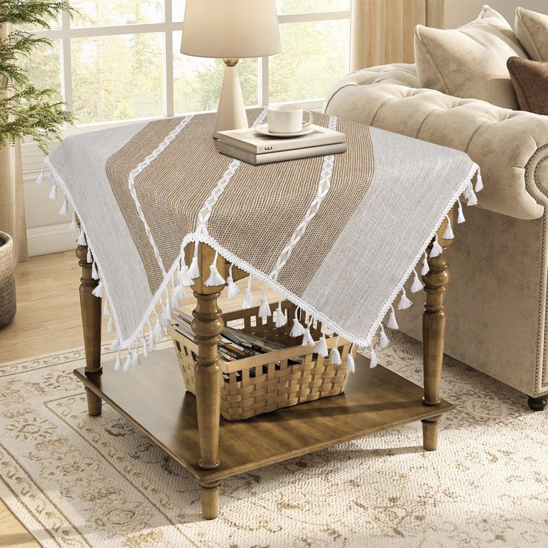 tiosggd Boho Small Tablecltoh Square 24 x 24 inch Spring Summer Cotton Linen Bedside Table Cloth with Tassel Brown Nightstand Cover Top Farmhouse Dresser End Side Table Cover Rustic Home Decor - Image 2