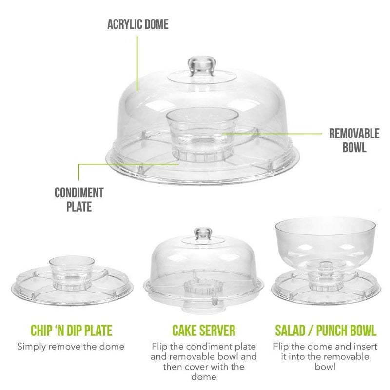 LOMESH Cake Stand 3in1 Multifunctionl Serving Platter Salad Plate Dessert Fruit Stand with Removal Dome Lid Transparent - Image 3
