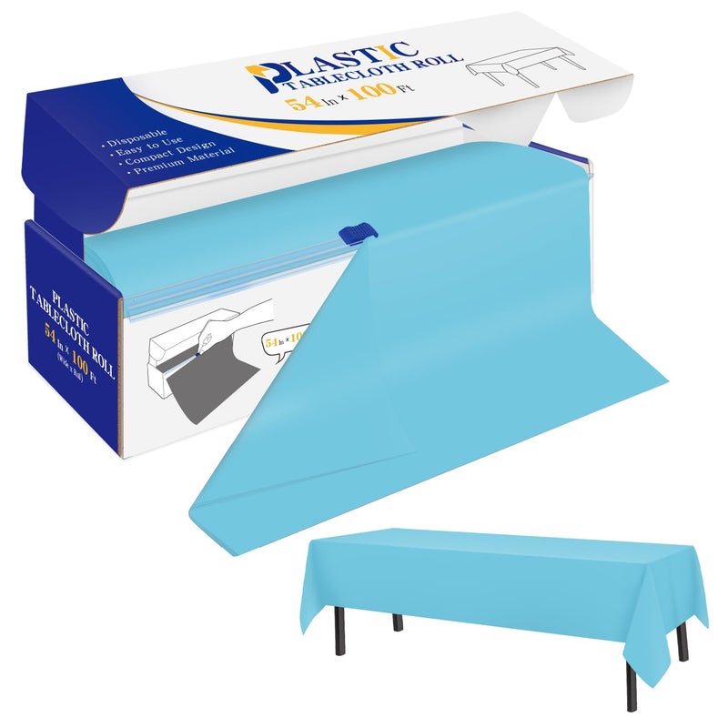 YSYJ YSYJ Plastic Table Cover Roll Light Blue Disposable Table Cloth 54 in x 100 Ft Plastic Table Cloths with Slide Cutter Table Cover for Parties