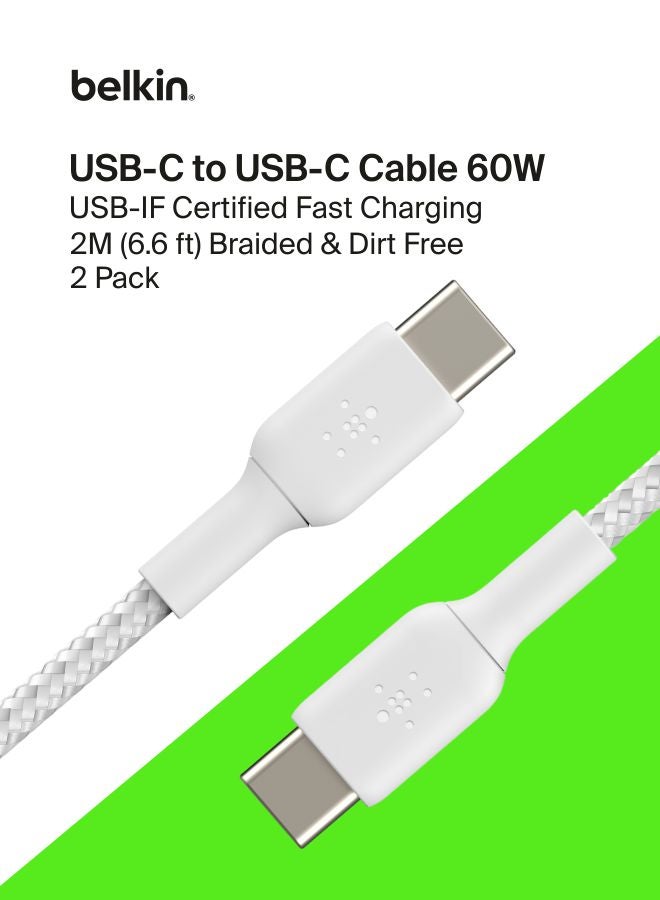 belkin BoostCharge braided USB C to fast charger cable, USB type C charger cable fast charging for iPhone 16, 15, Samsung Galaxy S24, S23, Pixel, iPad, MacBook, Nintendo and more - 2m, 2pack, White White - Image 1