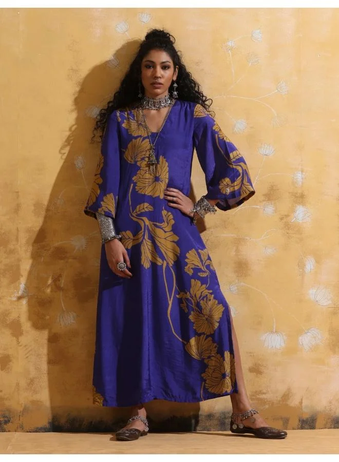 ترو برونز trueBrowns Purple Mustard Floral Print Muslin Silk Straight Maxi Dress