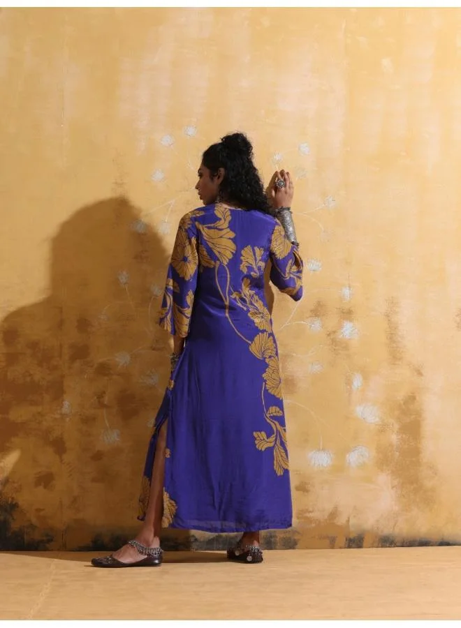 ترو برونز trueBrowns Purple Mustard Floral Print Muslin Silk Straight Maxi Dress