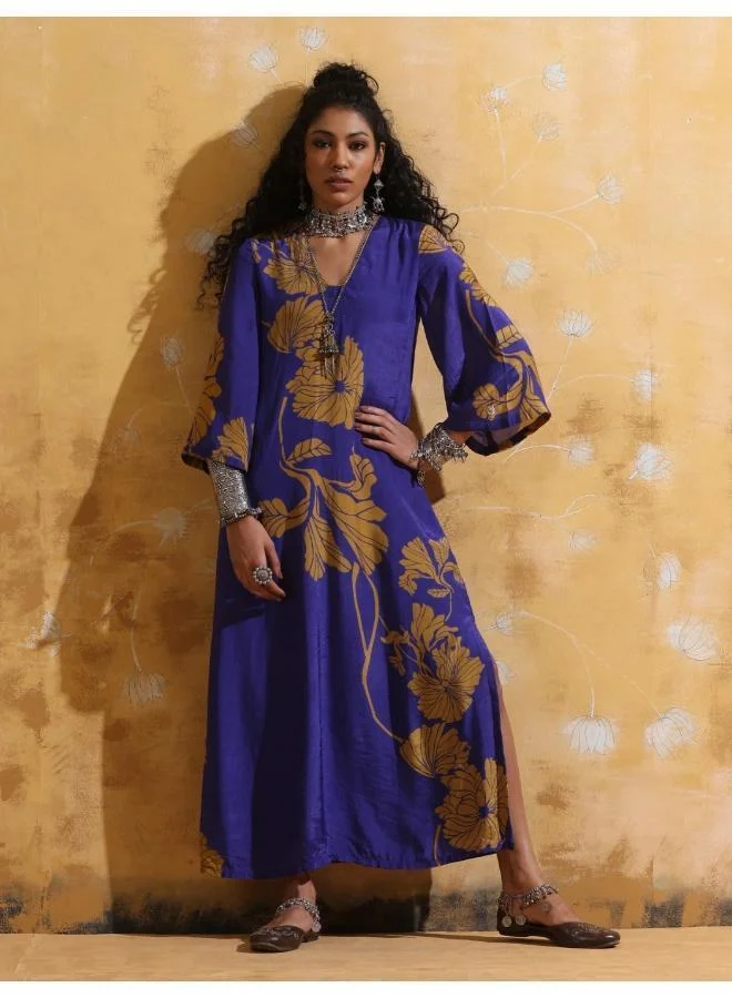 trueBrowns Purple Mustard Floral Print Muslin Silk Straight Maxi Dress