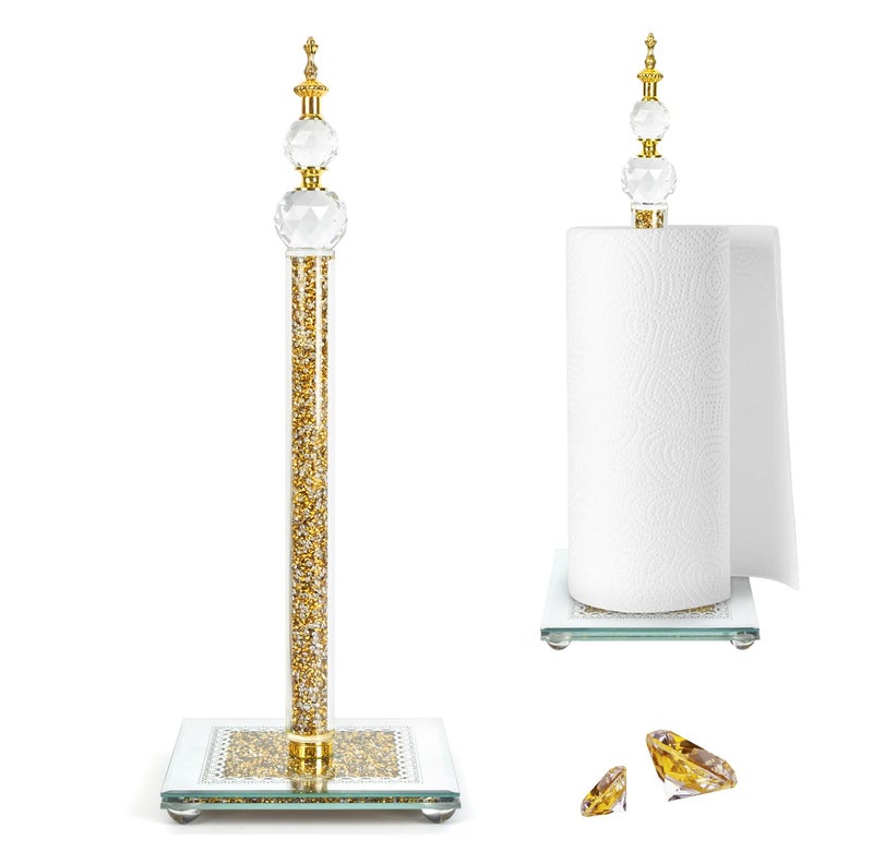 Hebaogugu Gold Paper Towel Holder, Bling Crystal Paper Towel Roll Holder, Decorative Standing Paper Towel Holder for Kitchen Countertops Bathroom, Paper Towel Dispenser with Weighted Base (Square/Gold-A) - Image 1