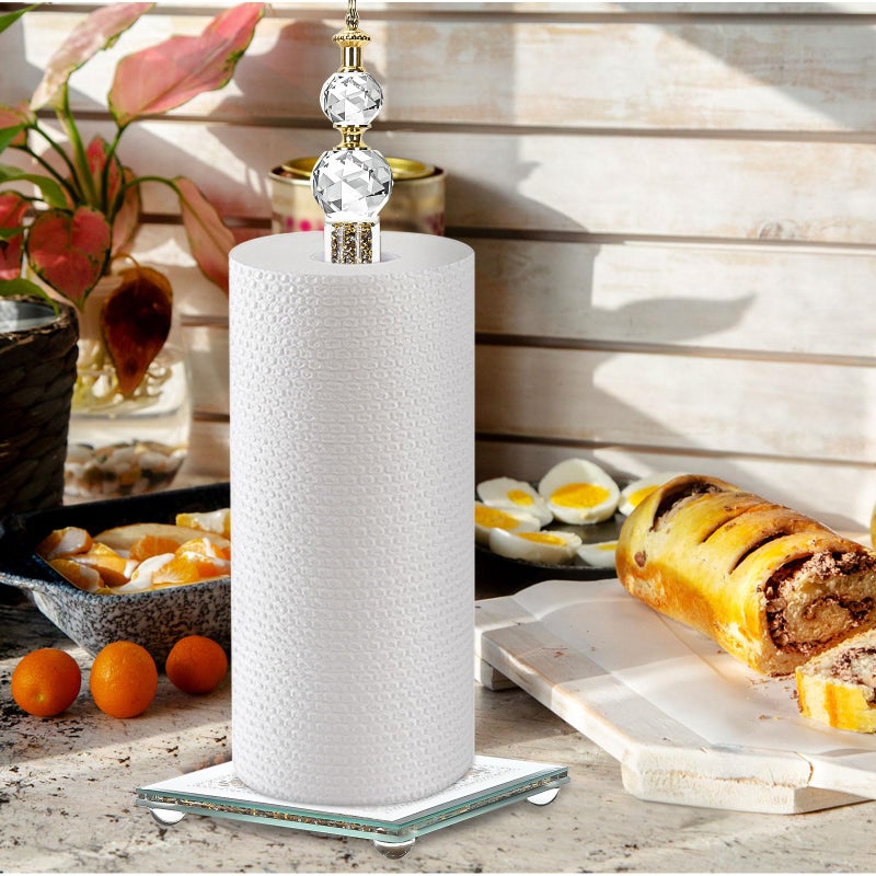 Hebaogugu Gold Paper Towel Holder, Bling Crystal Paper Towel Roll Holder, Decorative Standing Paper Towel Holder for Kitchen Countertops Bathroom, Paper Towel Dispenser with Weighted Base (Square/Gold-A) - Image 5