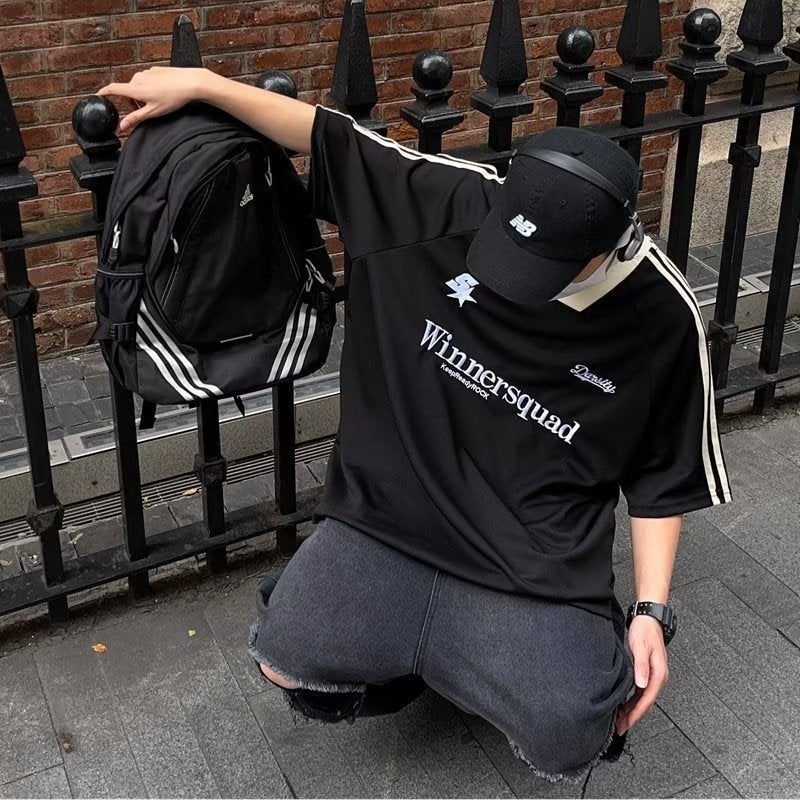 American-Style High Street Embroidered Stitching V-Neck Short-Sleeved T-Shirt Men'S And Women'S Ins Loose Hiphop Half-Sleeved Jersey Trendy - Image 3