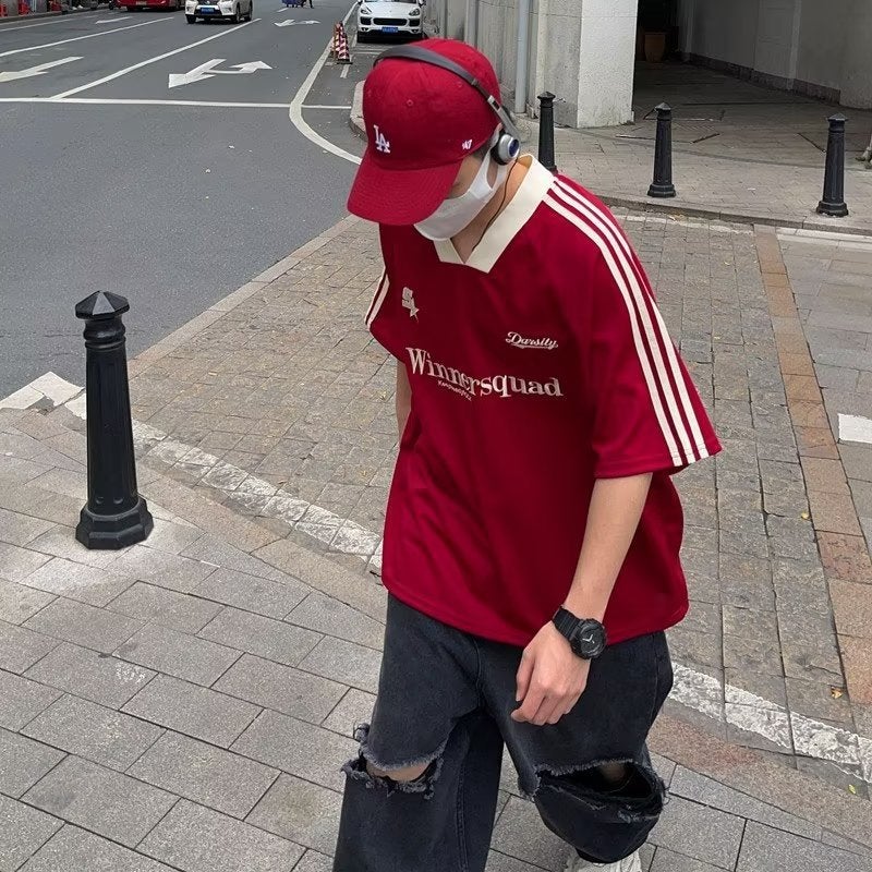 American-Style High Street Embroidered Stitching V-Neck Short-Sleeved T-Shirt Men'S And Women'S Ins Loose Hiphop Half-Sleeved Jersey Trendy - Image 4