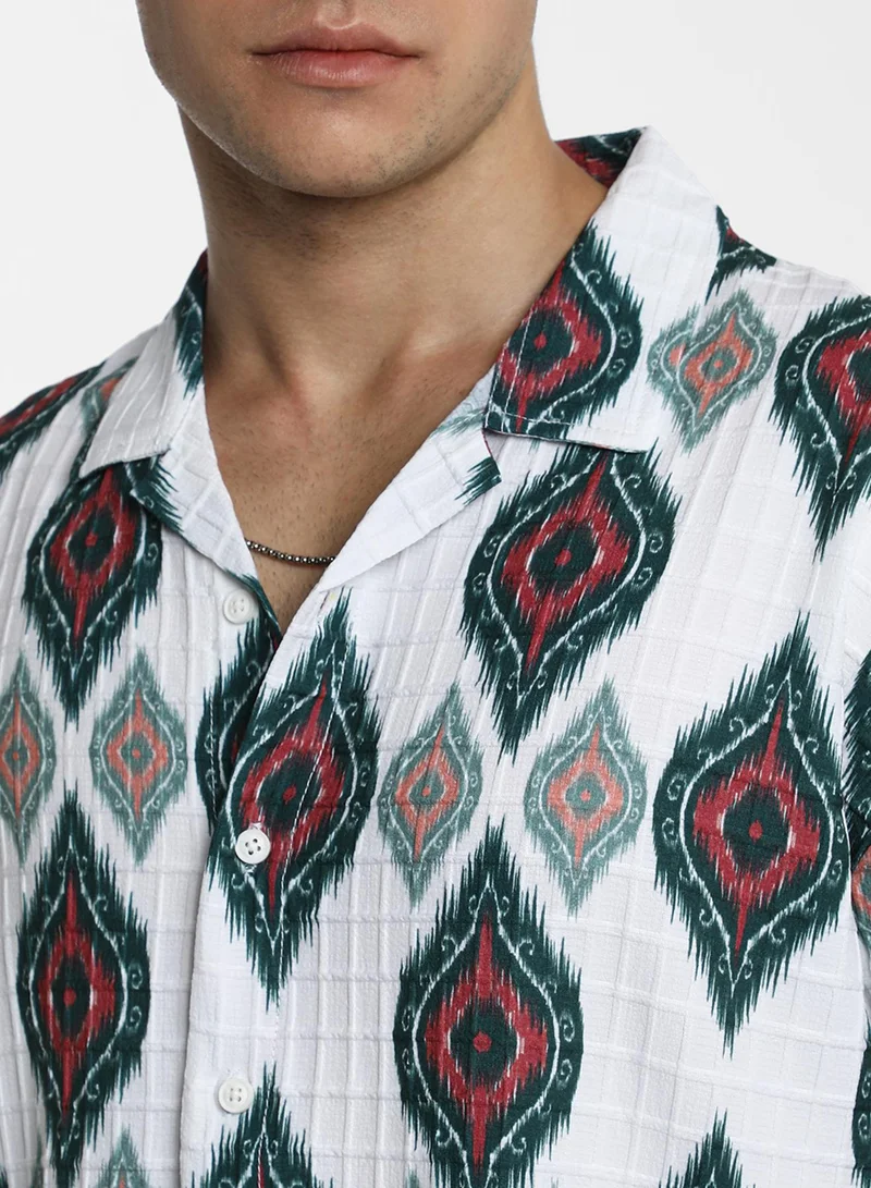 Campus Sutra Men's Chalk White Ikkat Motif Oversized Shirt