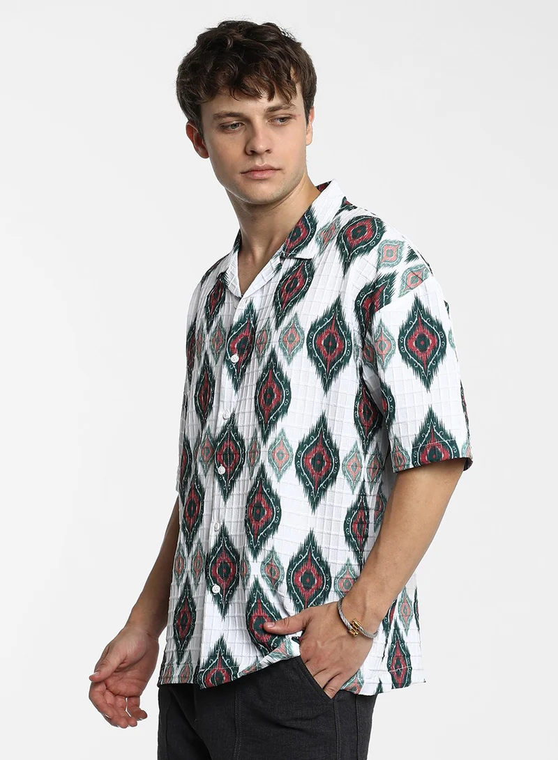 Campus Sutra Men's Chalk White Ikkat Motif Oversized Shirt