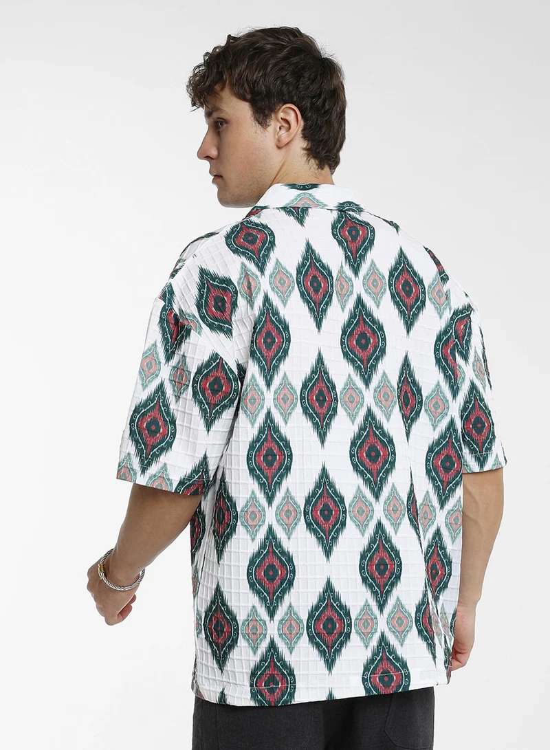 Campus Sutra Men's Chalk White Ikkat Motif Oversized Shirt