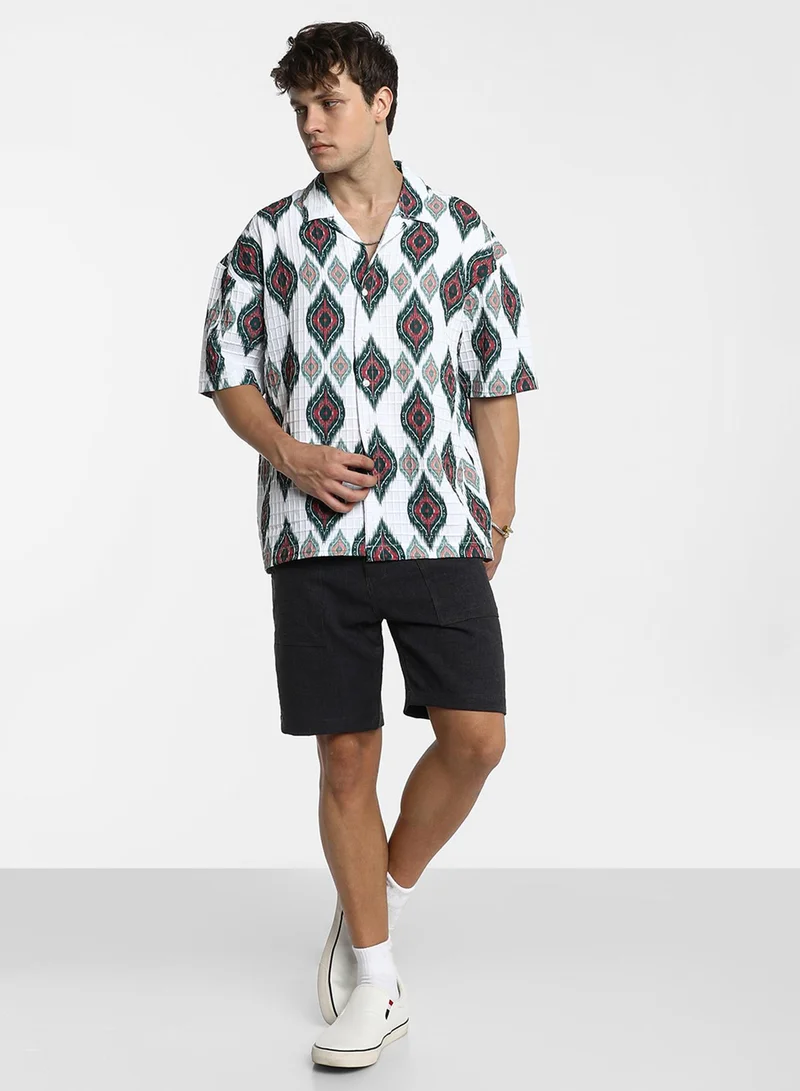 Campus Sutra Men's Chalk White Ikkat Motif Oversized Shirt
