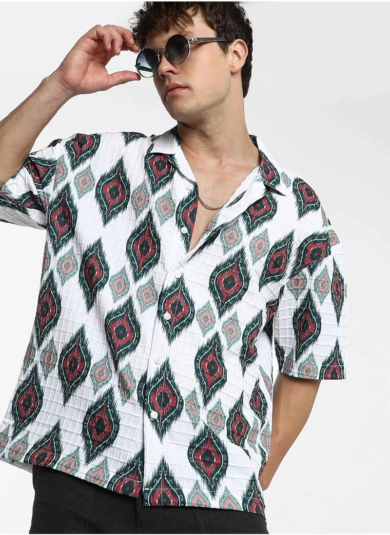 كامبوس سوترا Men's Chalk White Ikkat Motif Oversized Shirt