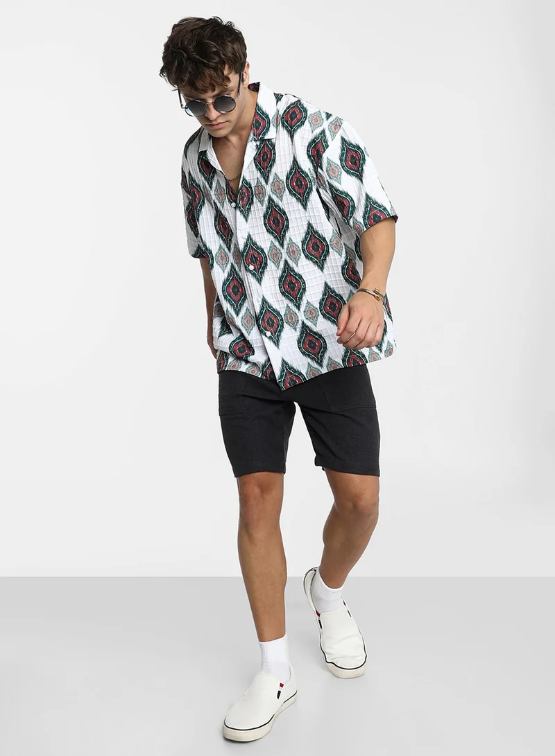Campus Sutra Men's Chalk White Ikkat Motif Oversized Shirt