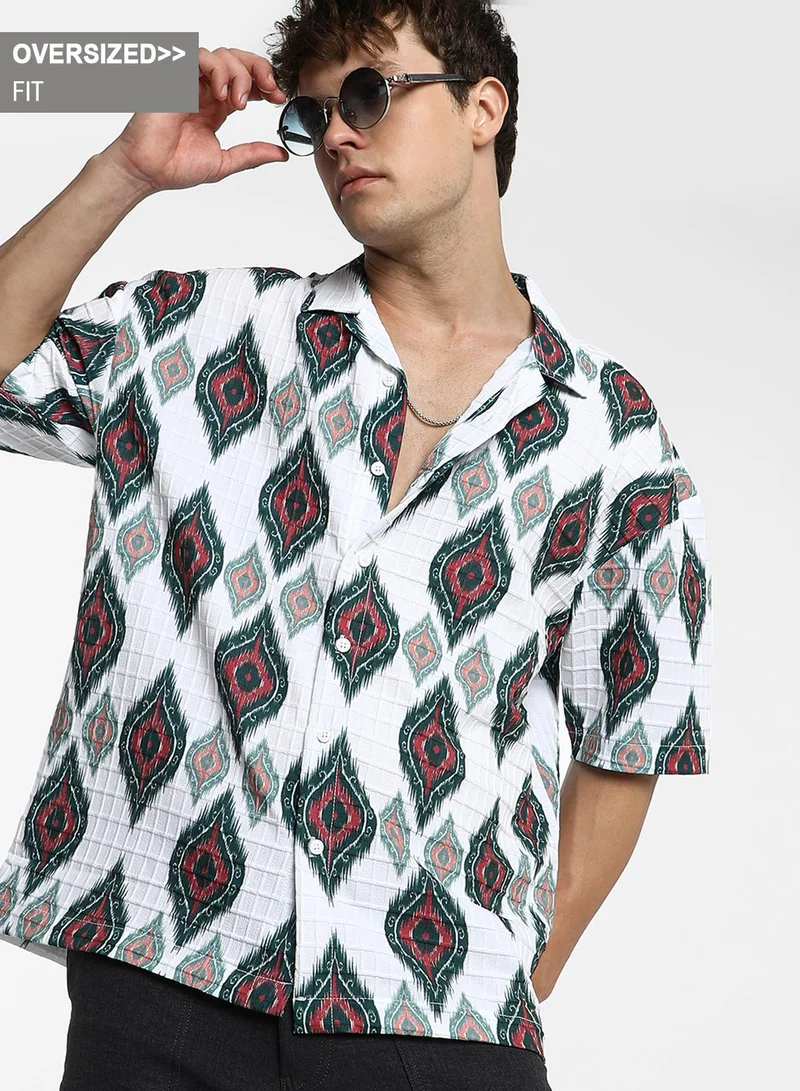 Campus Sutra Men's Chalk White Ikkat Motif Oversized Shirt