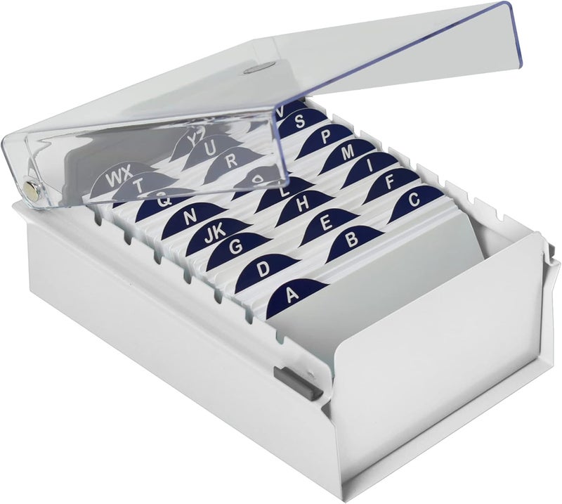 Acrimet 3 x 5 Card File Holder Organizer Box Metal Base Heavy Duty (AZ Index Cards and Divider Included) (White Color with Clear Crystal Plastic Lid Cover) - Image 1