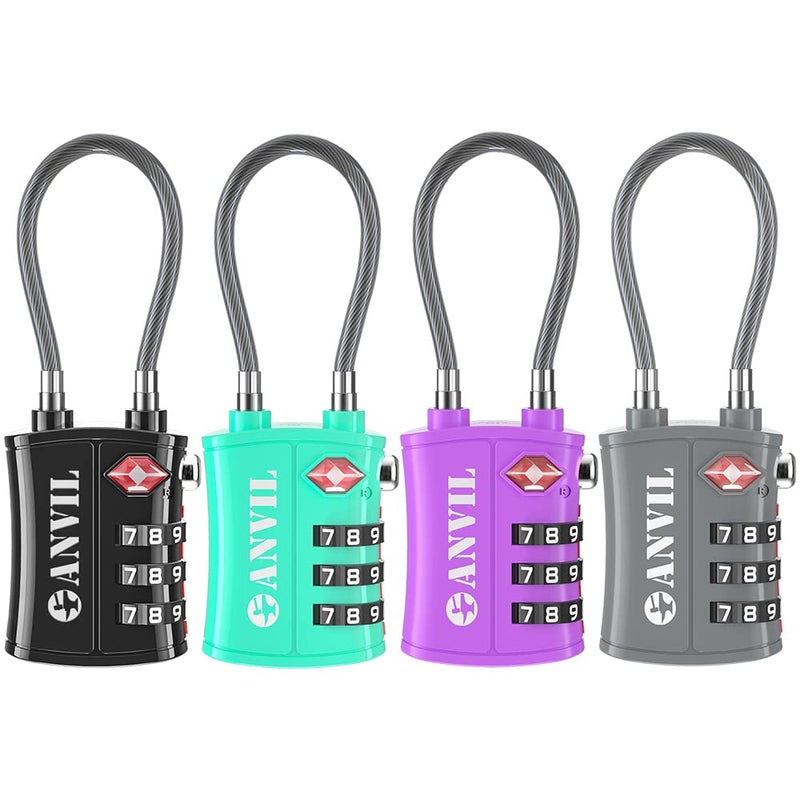 Anvil ANVIL TSA Approved Luggage Locks - Re-settable 3-Digit Combination Cable Lock with Alloy Body, Keyless Travel Sentry Accepted Padlock for Gym Locker, Golf Bags, Suitcases  - Image 1